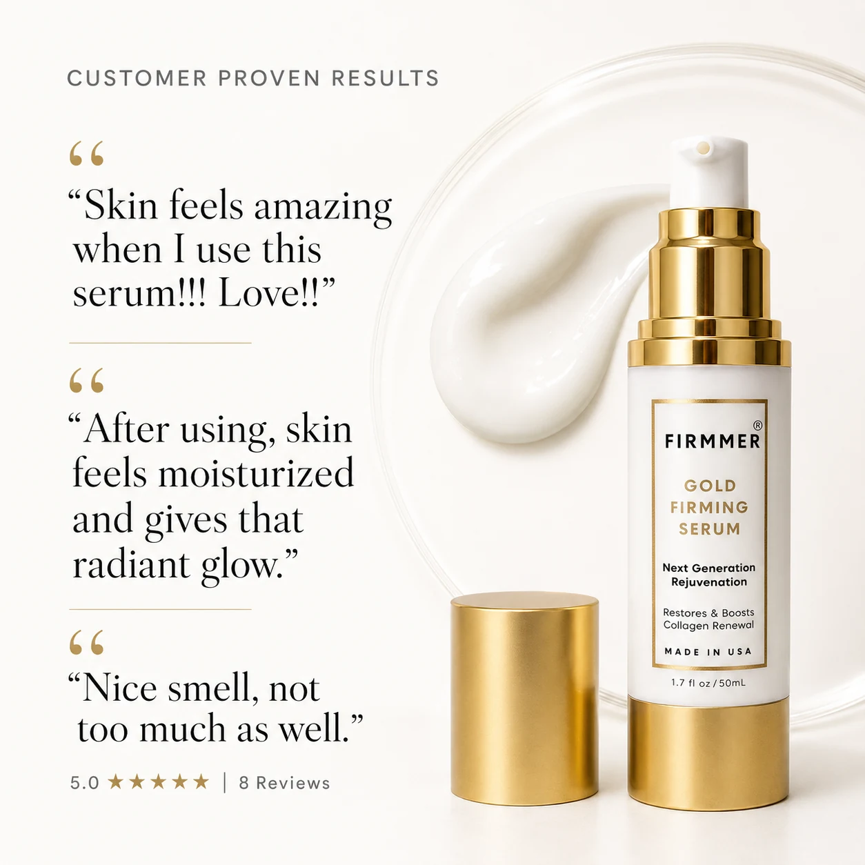 FIRMMER customer-results artwork featuring three customer comments and a five-star rating based on eight reviews