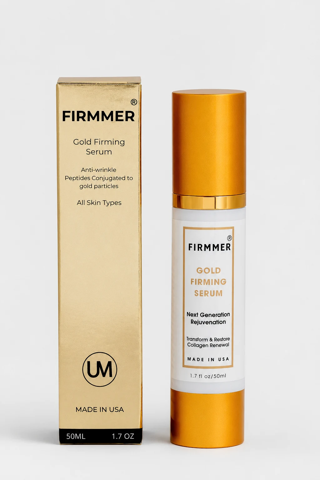 Authentic FIRMMER Gold Firming Serum bottle with its gold retail box