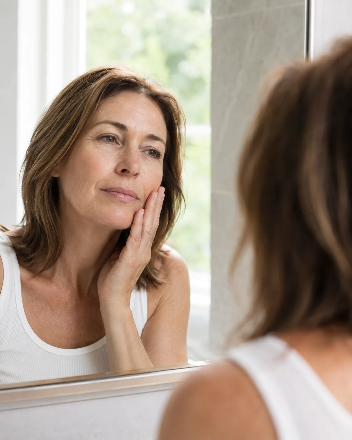 Adult woman gently touching her cheek during a skincare self-check at a bathroom mirror